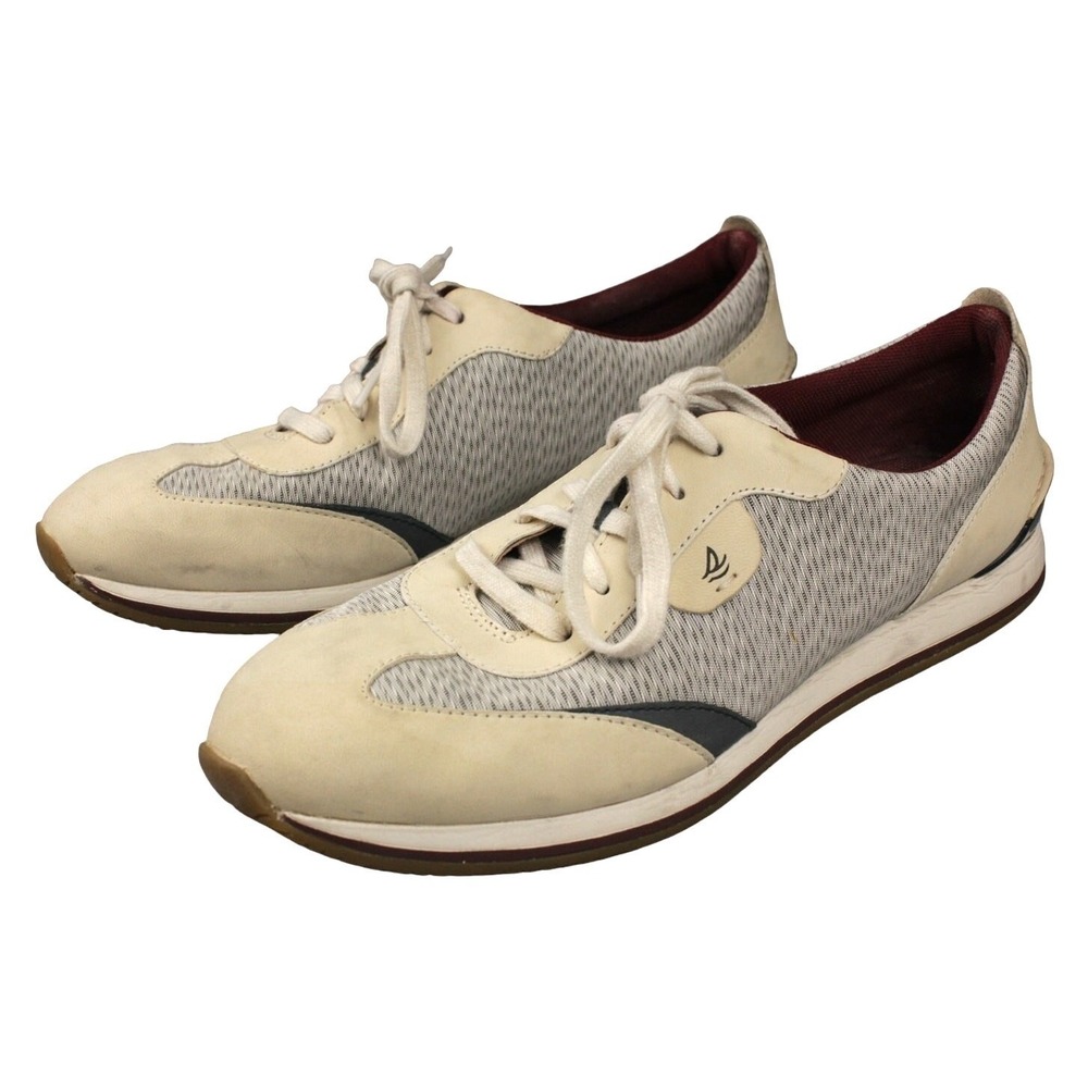 Sperry Womens 10 Leather Sneakers Cream Gray Preppy Retro Style Collegiate